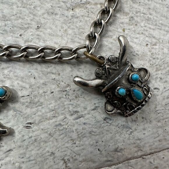 Vintage Native American Style Charm Bracelet With Faux Turquoise - Picture 2 of 5